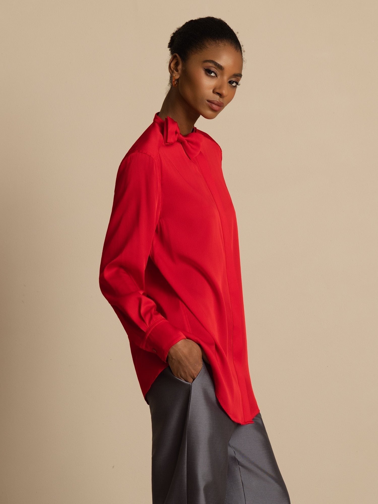 [Vino] SilkSilky-ES 19Momme Seda Manga larga Cuello Alto Blusa 006