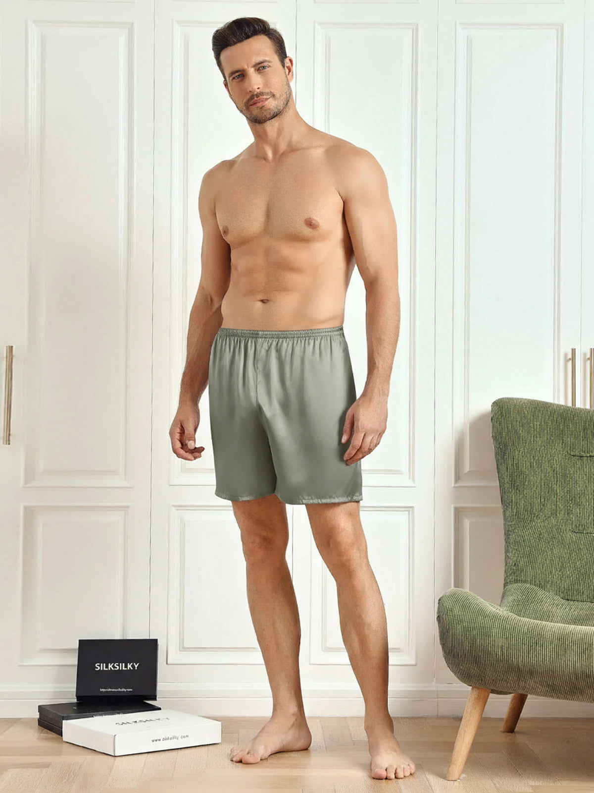 [Verde Grisáceo] SilkSilky-ES Seda Pura Mens Sleep Bottoms 005