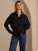 [Negro] SilkSilky-ES Long Sleeve Lapel Collar Blusas de Mujer 003