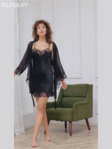 SilkSilky-ES Seda Pura Manga francesa Nightgown&Robe Set-video-001