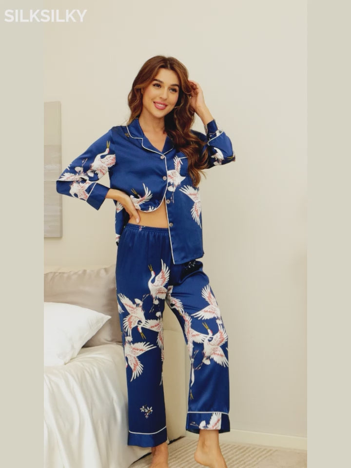 SilkSilky-ES-19Momme-Seda-Pura-Manga-larga-Solapa-Pijamas-de-mujer-video-001