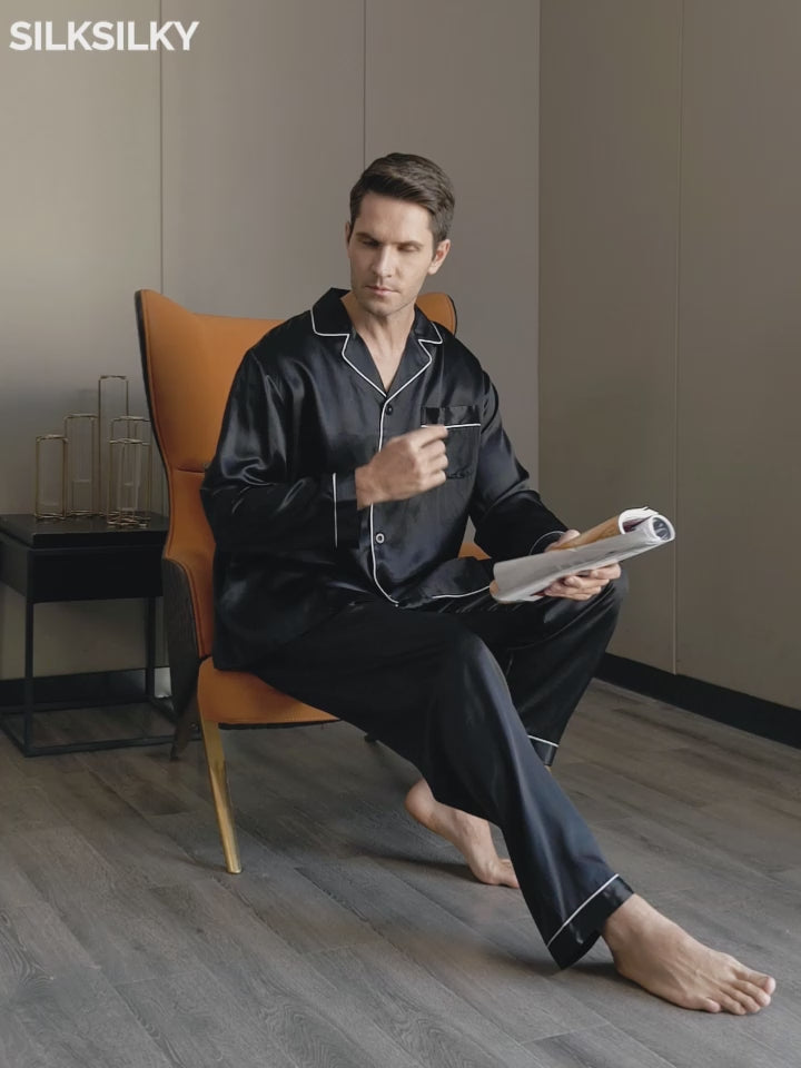 SilkSilky-ES 19Momme Seda Pura Mens Pajamas video 001