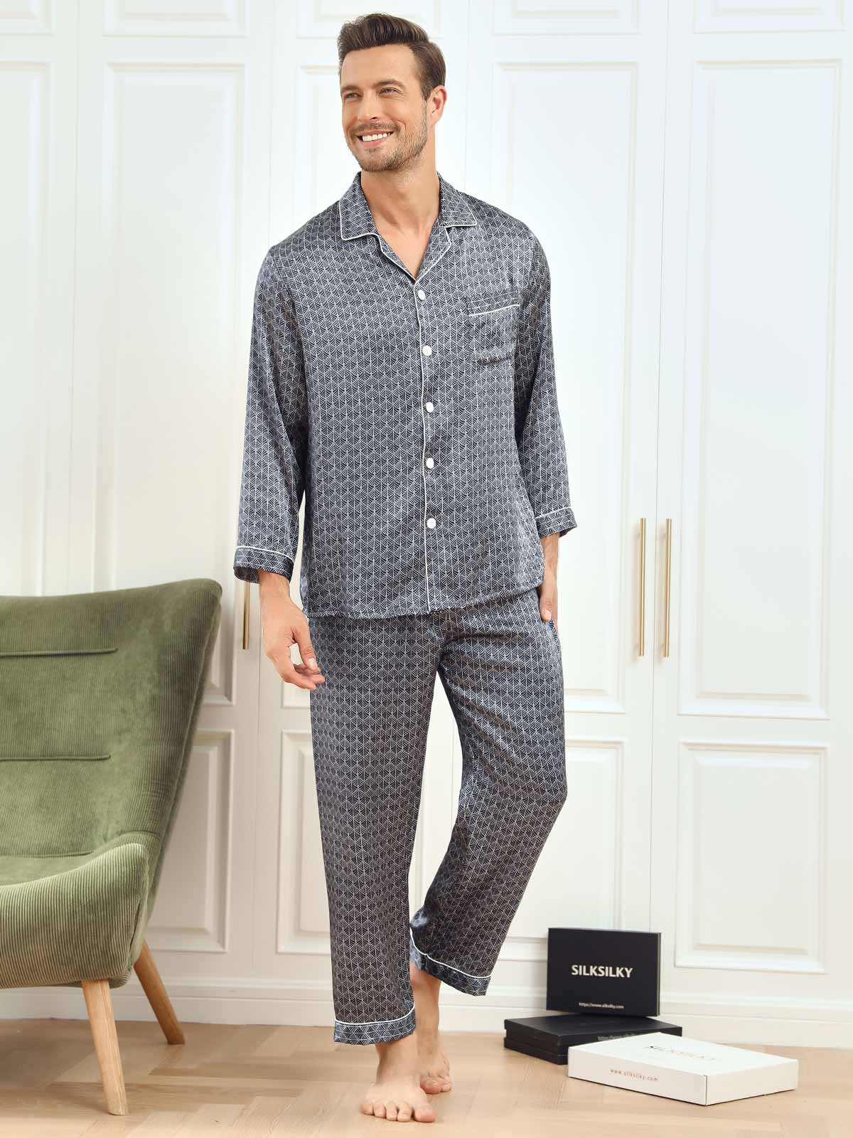 SilkSilky ES 19Momme Seda Pura Manga larga Solapa Pijamas de hombre AzulOscuro 005