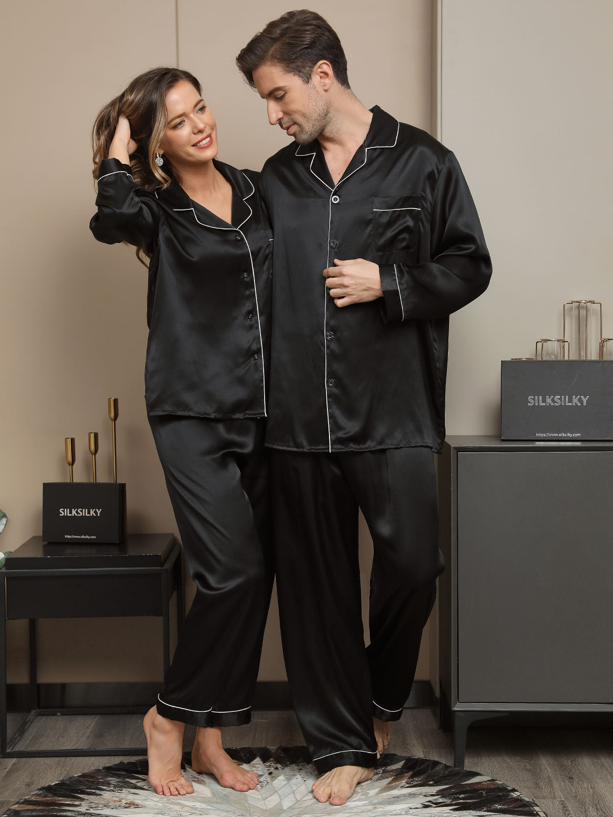 [Negro] SilkSilky-ES Seda Pura Manga larga Couple 002
