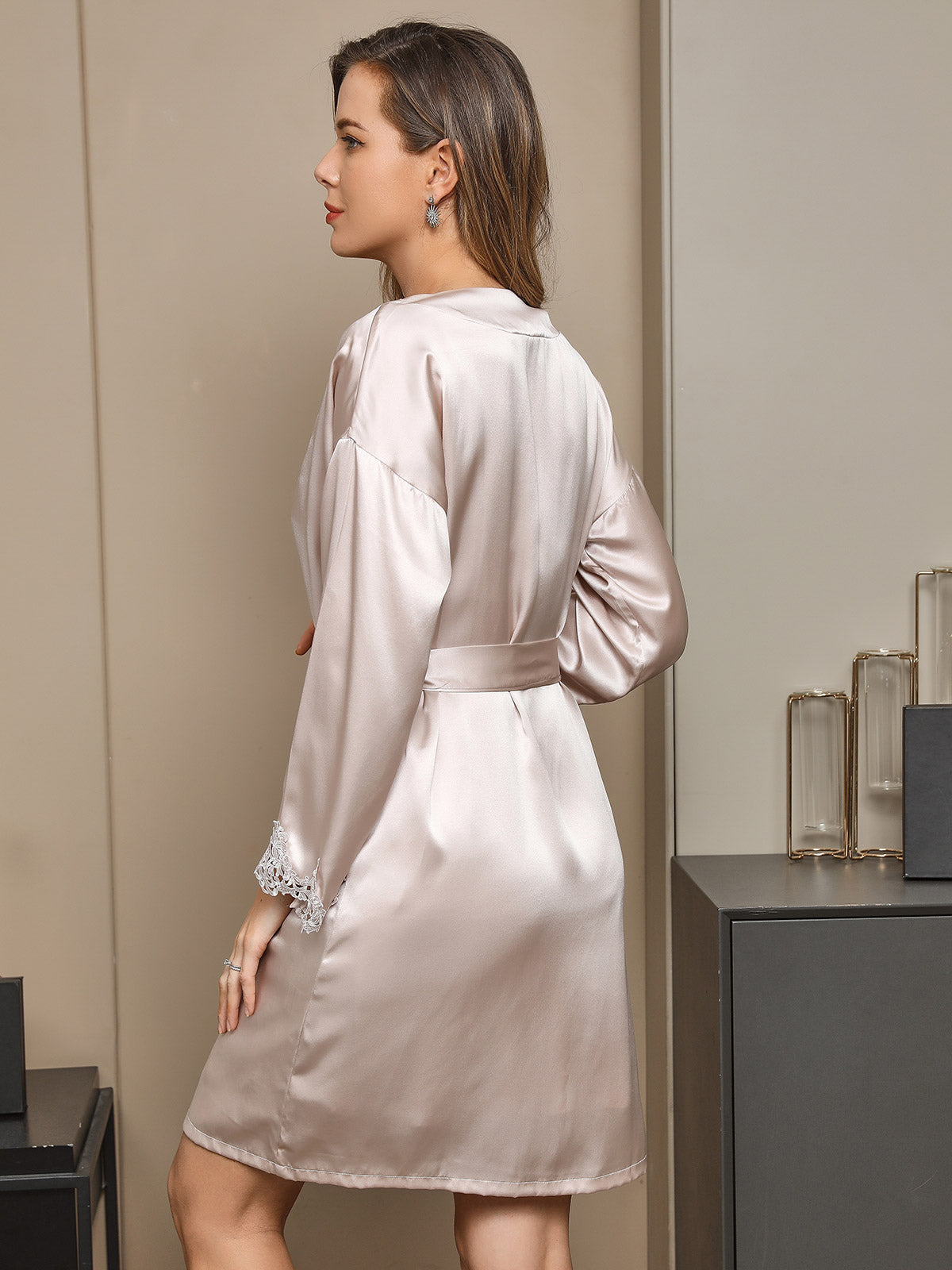 [Beige] SilkSilky-ES Seda Pura Manga larga Nightgown&Robe Set 003
