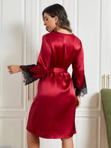 [Rojo Oscuro] SilkSilky-ES Seda Pura Manga francesa Womens Robe 002