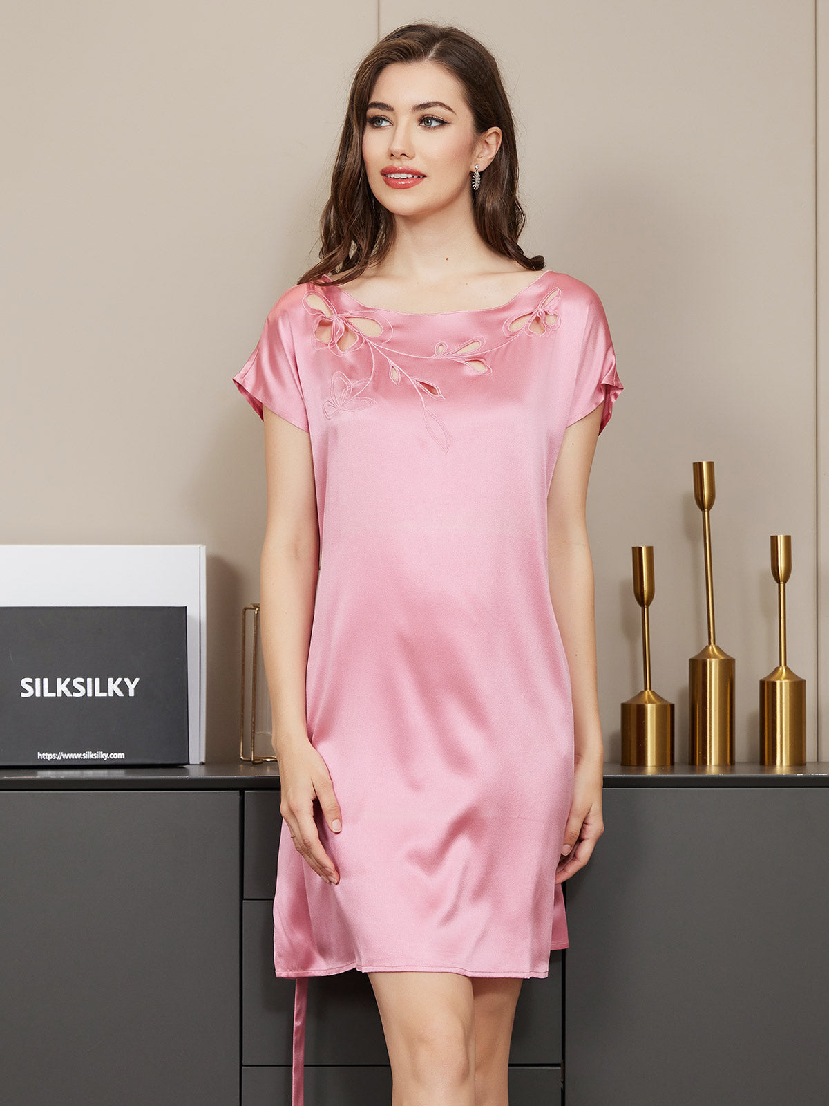 SilkSilky ES Seda Pura Manga capa Cuello Barco Camisón Rosa 002