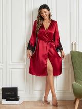 [Rojo Oscuro] SilkSilky-ES Seda Pura Manga francesa Womens Robe 005