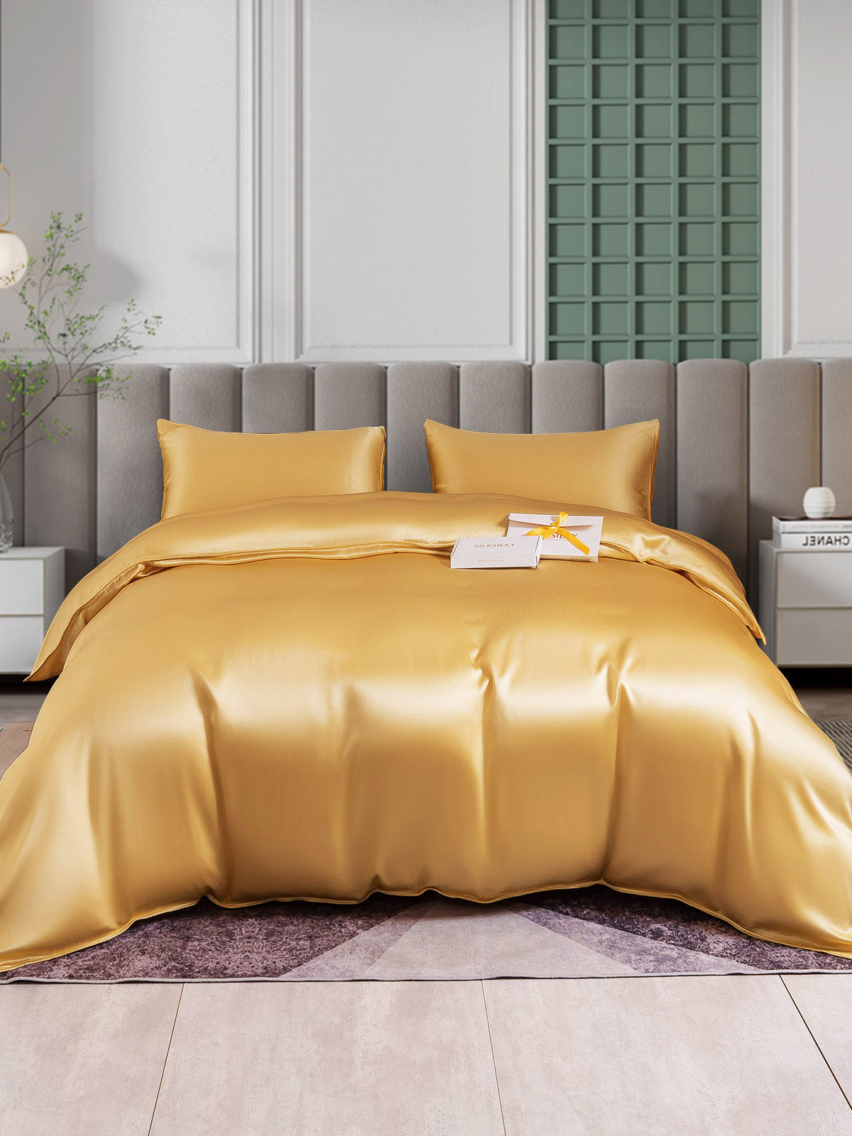 SilkSilky ES 25Momme Seda Pura Bedding Set Champán 001