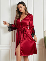 [Rojo Oscuro] SilkSilky-ES Seda Pura Manga francesa Womens Robe 004