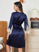 [Azul Oscuro] SilkSilky-ES Seda Pura Manga francesa Womens Robe 002