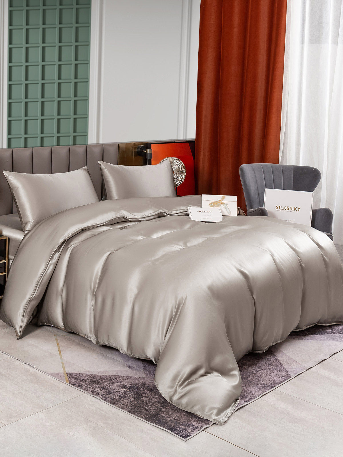 SilkSilky ES 25Momme Seda Pura Bedding Set Gris 004