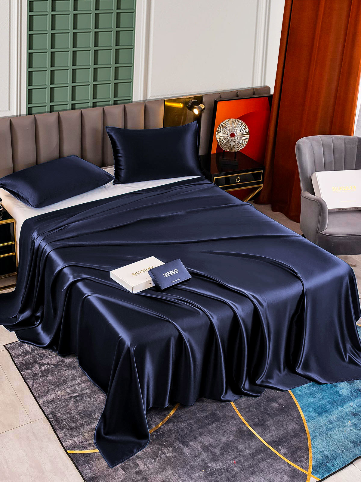 SilkSilky ES 25Momme Seda Pura Bedding Set AzulOscuro 002