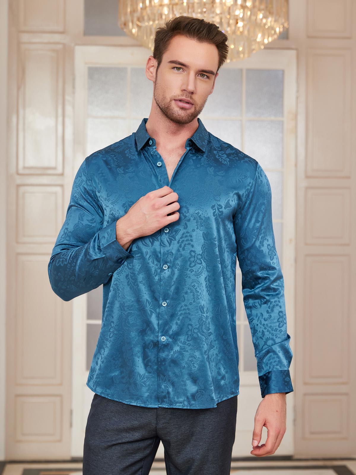 SilkSilky ES Seda Manga larga Cuello Camisero Camisa de hombre AzulReal 001