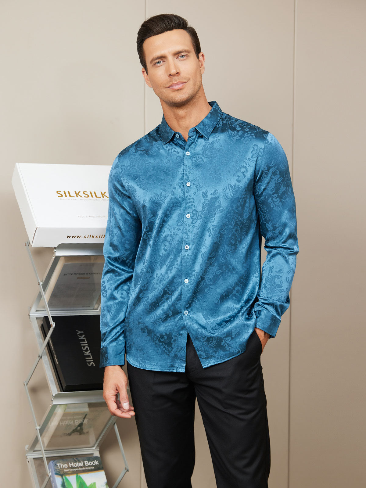 SilkSilky ES Seda Manga larga Cuello Camisero Camisa de hombre Azul 002