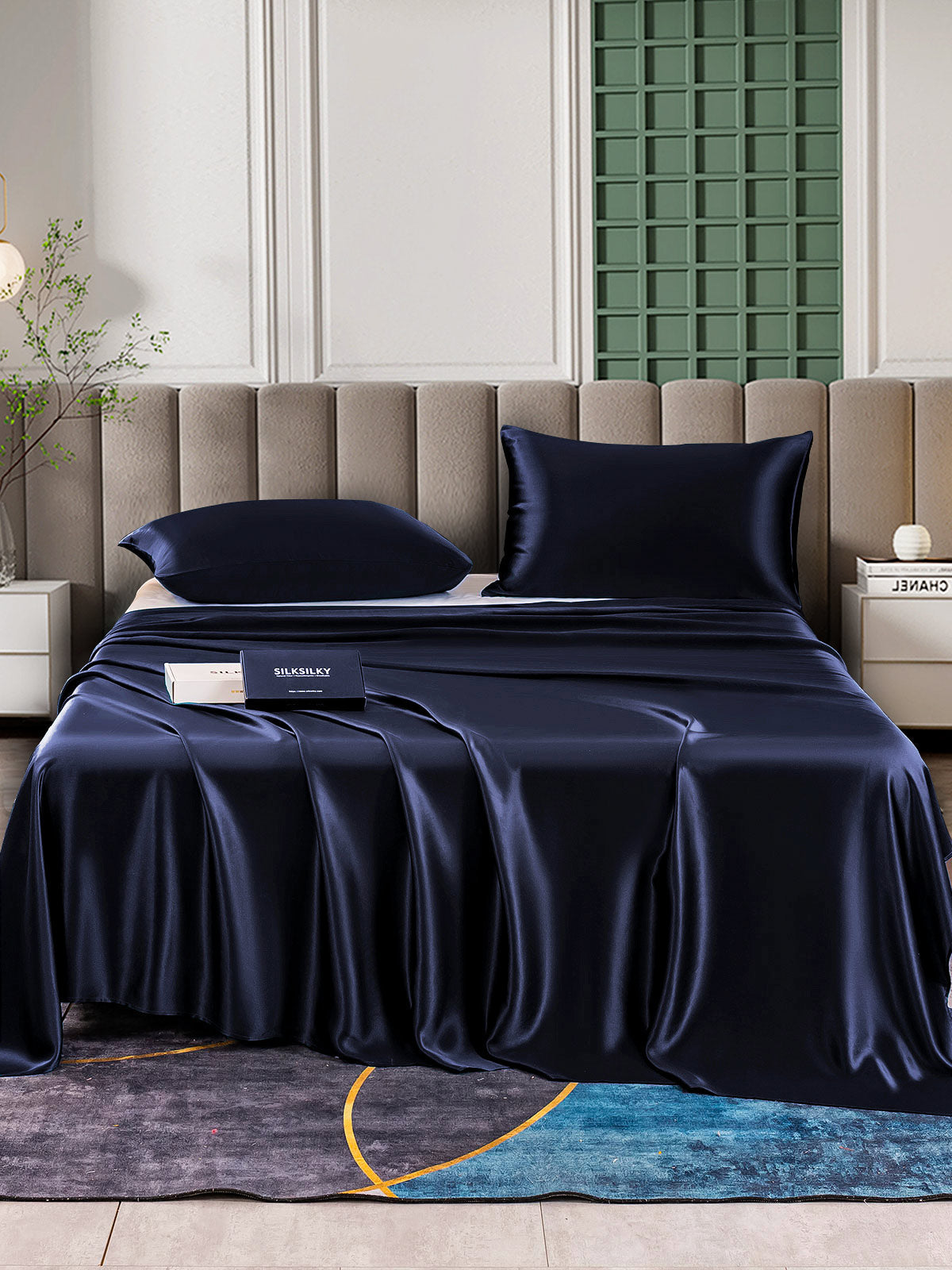 SilkSilky ES 25Momme Seda Pura Bedding Set AzulOscuro 001